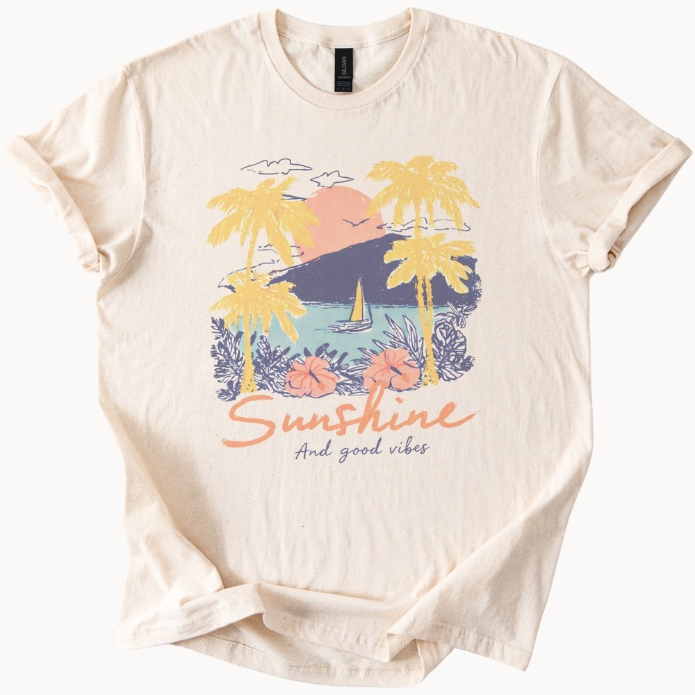 Sunshine and Good Vibes Tropical Graphic Tee Retro Beach